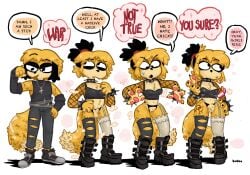 acceptance alternative_fashion anthro armwear asymmetrical_clothing boots bubbalossom canid canine clothing dark_clothing dialogue english_text female fishnet_armwear fishnet_clothing fluffy fluffy_tail footwear forced forced_transformation fur gender_transformation genitals hi_res legwear male mammal multicolored_body multicolored_fur pawpads penis ponytail_ears pubes punk shoes small_penis speech_bubble stockings tail text torn_clothing transformation transformation_sequence transformation_through_magic two_tone_body two_tone_fur yellow_body yellow_fur