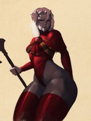 red_eyes slit_eyes horns terraria calamity_mod calamitas wide_hips thick_thighs thighhighs vehemence_(calamity_mod) grey_body white_hair red_theme izanibusaka