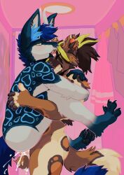 2_horns absurd_res african_wild_dog andromorph animal_genitalia animal_penis anthro balls blue_body blue_fur blue_hair blue_inner_ear_fluff blue_markings blush bodily_fluids brown_body brown_fur brown_hair brown_inner_ear_fluff brown_markings canid canine canine_genitalia canine_penis canis closed_eyes cum cum_in_vagina cum_inside dragon dressing_room_(disambiguation) duo ear_piercing elias_(tab) eye_roll facial_piercing feet fur genital_fluids genitals green_eyes green_highlights grimace hair hi_res highlights_(coloring) horn hybrid inner_ear_fluff intersex intersex/male jeanwoof knot knotted_penis looking_pleasured male mammal markings monarch_(tab) mythological_creature mythological_scalie mythology neck_ring nose_piercing pawpads penetration penis piercing risky_sex scalie septum_piercing sex spread_toes stand_and_carry_position standing standing_sex tan_body tan_fur toes tuft vaginal_penetration white_body white_fur wolf