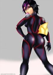 1girls asian ass big_hero_6 black_hair bodysuit brown_eyes bubble bubble_gum cameltoe color dat_ass disney female female_only from_behind gambitooriginal gogo_tomago hair hand_on_hip headgear helmet highres human looking_at_viewer looking_back looking_down marvel png short_hair sideboob simple_background skin_tight solo two_tone_hair