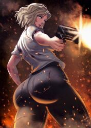 1girls 2d ass big_ass blonde_hair blue_eyes breasts female female_only fire from_below grace_ashcroft gun looking_at_viewer looking_back pants requiem_(gun) resident_evil resident_evil_9:_requiem solo valenvenge weapon