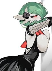 1girl 1girls anthro anthro_female big_breasts black_dress breasts breasts_pressed_against_wall chunniwa exposed_shoulders flower_in_hair gardevoir green_hair huge_breasts mega_evolution mega_gardevoir pokemon