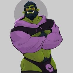 fares0teb 1boy averting_eyes bara beard black_hair black_panties black_thighhighs chest_tuft colored_skin connected_beard cropped_jacket crossed_arms earrings ears_down facial_hair full_beard green_skin hairy highres jewelry large_pectorals male_focus mature_male monster_boy muscular muscular_male orc paggi_outfit panties pectorals pointy_ears ryder_(fares0teb) scar scar_on_face scar_on_forehead short_hair shy skull_print smoke_(fares0teb) solo sparse_chest_hair tattoo thick_arm_hair thick_beard thighhighs tribal_tattoo tusks underpec underwear