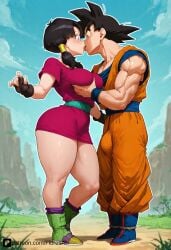 1boy 1girls ai_generated big_ass big_breasts dragon_ball erect_nipples erection_under_clothes female floresai goku huge_ass huge_breasts kissing male narrow_waist patreon patreon_url patreon_username son_goku teasing thick_thighs videl wide_hips
