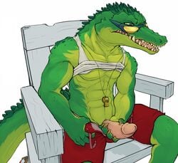 1boy 2013 5_fingers abs alligator anthro bald biceps big_muscles chair claws cloaca clothed clothing erection eyewear glasses green_eyes green_skin half-dressed hi_res high_resolution highres league_of_legends lifeguard lizard male male_only manly muscles open_mouth pecs penis penis_grab penis_through_bottomwear pink_penis pink_skin plain_background pool_party_renekton pool_party_series razr renekton reptile scalie shadow sharp_teeth shirt shorts sitting skin solo spread_legs spreading squint teeth tongue vein whistle white_background wood yellow_eyes