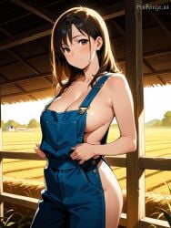 1girls ai_art ai_generated barn big_breasts breasts brown_eyes brown_hair country_girl farm farm_girl farmer female female_focus female_only half-dressed half_naked large_breasts light-skinned_female light_skin long_hair looking_at_viewer nipples nude_underneath original original_character outdoors overalls overalls_only self_upload solo solo_female solo_focus straight_hair topless topless_female