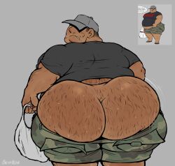 1boy 2026 ass baconbearart big_ass bubble_butt camo_shorts camouflage chubby grey_background grey_shirt hairy hairy_ass male male_only original overweight reference_image shorts_down simple_background solo sweat tan_skin