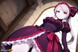1girls ai_generated ass_visible_through_thighs black_dress bonnet bow breasts dress female female_only frilled_dress frills from_below gothic_lolita grey_hair hairbow hi_res indoors lolita_fashion long_hair long_sleeves looking_at_viewer looking_down medium_breasts no_panties overlord_(maruyama) pale_skin patreon_logo patreon_username ponytail puffy_sleeves purple_dress pussy red_eyes rule34lab shalltear_bloodfallen slit_pupils solo striped_bow uncensored vampire white_skin