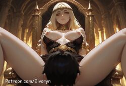 1boy 1girls ai_generated ass big_ass big_breasts blonde_female blonde_hair blush bracelet breasts closed_mouth clothes clothing elden_ring elvoryn exposed_breasts female female_on_cloth female_only fromsoftware golden_eyes huge_ass jewelry large_breasts laying licking_pussy light-skinned_female light_skin long_hair looking_at_viewer medium_breasts necklace patreon patreon_username pelvic_curtain posing pussy queen_marika_the_eternal shiny_skin sitting solo_female solo_focus thick_ass thick_thighs wide_hips