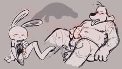anthro balls blush bodily_fluids breath canid canine cum cum_on_belly cum_on_body cum_on_face duo feet genital_fluids genitals handjob hi_res lagomorph leporid long_ears male male/male mammal masturbation max_(sam_and_max) nipples open_mouth overweight panting penile penis platypusbill rabbit sam_and_max samuel_dog sex sharp_teeth sitting solo teeth tongue tongue_out