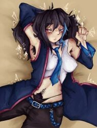 1futa 1futanari armpit_hair armpits black_hair blue_eyes blush canon_futa canon_futanari canon_intersex clothing different embarrassed eyes futa_only futanari futanari_only intersex intersex_only laying_down laying_on_back laying_on_bed nipples nonbinary nonbinary_(lore) pigtails pubic_hair purple_hair red_eyes ruko_yokune utau utauloid