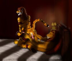 2013 ankle_cuffs anthro ass bed bondage bottom bound buttjob cum cumshot dirty feline furry gay girly hair lion long_hair male mrawrsome no_humans orgasm penis sex signature thigh_cuffs tiger wrist_cuff