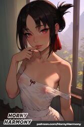 1girls 2026 ai_generated beautiful begging black_hair female fists folded_ponytail girl hips horny hornyharmony kaguya-sama_wa_kokurasetai_~tensai-tachi_no_renai_zunousen~ looking_at_viewer medium_shot obedience petite_female red_eyes ripped_top seductive seductive_pose shinomiya_kaguya short_hair small_breasts translucent_clothing view_from_above white_dress