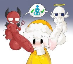 angel animal_humanoid balls big_penis blush blush_lines bodily_fluids check_mark clothed clothing demon f_d_e_i_a felid felid_humanoid gender_symbol genitals group halo hat headgear headwear hi_res horn huge_penis humanoid hyper hyper_genitalia hyper_penis imminent_sex larger_sub lewd_symbolism male male/male mammal mammal_humanoid melee_weapon penis polearm simple_background size_difference slightly_chubby small_but_hung spade_tail speech_bubble submissive sweat symbol tail trident trio vein veiny_penis weapon wings