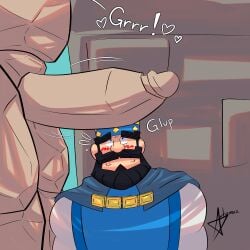articraz_(artist) beard black_hair cape clothed color creature crown erection flustered gay golem_(clash_royale) king king_(clash_royale) looking_at_penis looking_up male male_only monster_on_human nervous nervous_face penis_on_face rock_penis