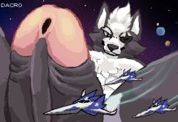 2026 abs anthro artist_name biped black_nose brown_eyes canid canine canis chest_tuft close-up closed_smile cosmic_background countershade_fur countershading dacro digital_media_(artwork) erection extreme_size_difference eye_patch eyebrows eyewear foreskin fur genital_close-up genital_focus genitals glans grey_body grey_fur grey_penis hi_res humanoid_genitalia humanoid_penis looking_down macro macro_anthro macro_male macro_march male mammal mouth_closed multicolored_body multicolored_fur nintendo nude nude_anthro nude_male penis penis_close-up penis_focus pink_glans pixel_(artwork) pixelated planet size_difference smile solo space space_background spacecraft spread_legs spreading star star_fox terra_macro text tuft two_tone_body two_tone_fur urethra vehicle white_body white_countershading white_fur wolf wolf_o'donnell