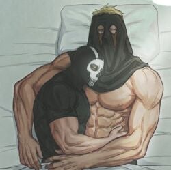 2boys activision bara bed bedding bedding_background blond-haired_male blond_male blonde-haired_male blonde_hair blonde_male call_of_duty closed_eyes cod cuddle cuddling gay ghost_(modern_warfare_2) huong_me_gl infinity_ward konig lying lying_down lying_on_back lying_on_bed lying_on_side male male/male male_only shirtless shirtless_(male) shirtless_male simon_riley skull skull_mask sleep sleeping sleeping_on_bed sleeping_together sleepy sniper_veil yaoi