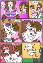 anthro bee_(character) blush breast_sucking breasts canine clothes comic dialog dress duo eyewear female food fur furry glasses heart heterochromia ice_cream licking multiple_girls party shorts sweat text tongue tongue_out topless undressing yuri zombbh