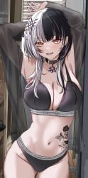 1girls belly_button black_hair bra breasts calvin_klein choker dyed_hair female female_only goth goth_girl hololive hololive_japan panties questionable_consent seductive shiori_novella solo tattoo two_tone_hair underwear virtual_youtuber white_hair yellow_eyes