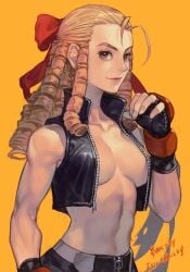 2d artist_request athletic athletic_female blonde_hair breasts brown_eyes busty capcom drill_hair female female_focus female_only fingerless_gloves hourglass_figure karin_kanzuki long_hair medium_breasts navel open_vest sideboob sleeveless sleeveless_vest street_fighter tagme vest wide_hips