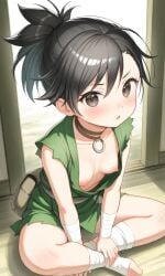 1girls ai_generated bandaged_ankles bandaged_wrists bandages black_hair dororo_(character) dororo_(tezuka) flat_chest gi green_clothing japanese_clothes kosine1777 nipples ponytail sitting small_breasts tomboy traditional_clothes