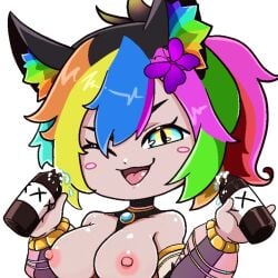 ai_generated alcohol blue_eyes collar female fox_ears fox_girl indie_virtual_youtuber large_breasts nipples nude nude_female one_eye_closed rainbow_hair vrchat vrchat_avatar yellow_eyes