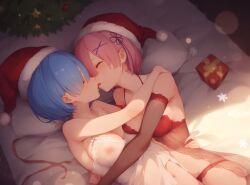 ai_generated blue_hair blush closed_eyes incest lingerie lying_down lying_on_bed pink_hair ram_(re:zero) re:zero_kara_hajimeru_isekai_seikatsu rem_(re:zero) santa_hat see-through sisters twincest twins yuri