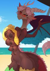 6_breasts anthro areola big_breasts blush breasts chimera chrysalisdraws discord_(mlp) feathered_wings feathers female friendship_is_magic fur genitals hasbro hi_res horn looking_at_viewer multi_breast my_little_pony nipples nude outside pussy seaside sky smile solo water wings