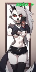 covered_nipples ends34 female furry_female goth goth_girl helluva_boss long_hair loona_(helluva_boss) selfie shorts sport sports_uniform white_hair