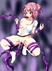 blush_lines crying crying_with_eyes_open doki_doki_literature_club exposed_breast exposed_crotch hair_ribbon maso_lightning natsuki_(doki_doki_literature_club) no_panties pink_eyes pink_hair pink_pubic_hair purple_tentacles rape tentacle_in_pussy tentacle_penetration tentacle_rape tentacles_around_legs tentacles_around_wrists torn_bra torn_clothes torn_shirt