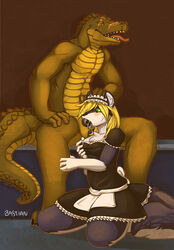 balls bastianwolf blonde_hair blush breasts crocodile cum fellatio female green_eyes hair kneeling maid_uniform male oral oral_sex orgasm penis reptile scalie scar sex sitting skunk teeth tongue yellow_eyes