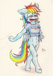 2013 anthro anthrofied blue_fur bottomless closed_eyes color cutie_mark equine female female_only friendship_is_magic fur furry hair horse multicolored_hair my_little_pony open_mouth pegasus plain_background pony punk-pegasus pussy rainbow_dash_(mlp) rainbow_hair solo straight_hair traditional_media wings yawn