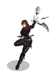 brown_hair female female_only fully_clothed knife png shiny_clothes sternenschauer tight_clothing weapon