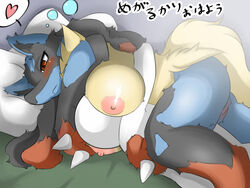 anthro ass bed bedroom big big_breasts black_fur blue_fur blush breasts canine dog eyelashes female frown fur heart hi_res inside japanese japanese_text looking_away lucario lying mega_evolution mega_lucario nintendo nipples on_side pillow pink_skin pokemon pokemon_(species) pokemon_xy pokephilia pussy red_eyes red_fur room shadow shiny skin solo spikes squint text video_games white_eyes yellow_fur yus-ts