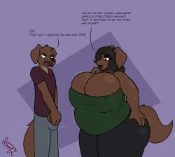 anthro big_breasts bird_dog breasts bulge canid canine canis cleavage cleavage_overflow clothed clothing dialogue domestic_dog duo english_text erection female hi_res huge_breasts hunting_dog labrador lonnyk male male/female mammal mik_(lonnyk) mother_(lore) mother_and_child_(lore) mother_and_son_(lore) obese obese_female overweight overweight_female parent_(lore) parent_and_child_(lore) parent_and_son_(lore) retriever shirt son_(lore) sonia_(lonnyk) tank_top text topwear unwanted_erection