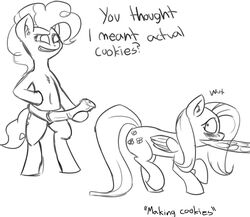 2013 black_and_white blush cutie_mark dialogue dildo dissyshy duo english_text equine female feral fluttershy_(mlp) friendship_is_magic hair horse monochrome my_little_pony pegasus pinkie_pie_(mlp) pony rough_sketch sex_toy standing strap-on text wings