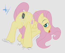 2013 after_sex anal anal_sex anus blush cum cutie_mark equine female feral fluttershy_(mlp) friendship_is_magic green_eyes hair horse looking_at_viewer looking_back mostazathy my_little_pony open_mouth pegasus penetration pink_hair pony pussy solo spread_legs spreading tongue wings yellow_fur