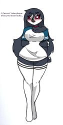 anthro avian avian_demon big_breasts bird bird_demon blush breasts clothing english_text female helluva_boss hi_res legwear octavia_(helluva_boss) owl owl_demon pace-maker small_waist solo text thick_thighs thigh_highs wide_hips