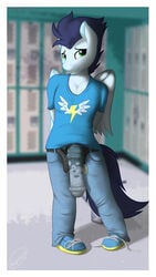 1boy 2013 anthro anthrofied arms_behind_back belt blue_fur blue_hair clothing cum equine friendship_is_magic green_eyes hair horse horsecock huge_cock inside insignia jeans light_blue_fur lockers male male_only my_little_pony pants pegasus penis pony precum shirt shoes skipsy smile soarin_(mlp) solo standing symbol teeth untied unzipped wings wonderbolts_(mlp)