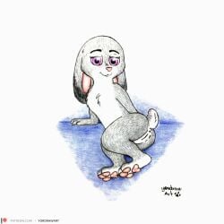 1:1 absurd_res anthro anus ass bent_legs disney female fur furry genitals hi_res judy_hopps lagomorph legs_together leporid lying lying_on_ground mammal on_back on_ground on_side patreon patreon_logo patreon_username pawpads paws pink_paws presenting presenting_hindquarters presenting_pussy pussy rabbit smile solo text traditional_media_(artwork) url yordraw zootopia