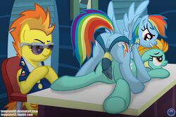 2013 amber_eyes anus blue_fur clothing cutie_mark dildo english_text equine eyewear female feral friendship_is_magic green_fur group hair horse inside lightning_dust_(mlp) multicolored_hair my_little_pony orange_hair pegasus penetration pony purple_eyes pussy rainbow_dash_(mlp) rainbow_hair sex_toy spitfire_(mlp) strapon sunglasses template93 text two_tone_hair vaginal_penetration watching wings wonderbolts_(mlp) yellow_fur yuri