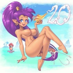 blue_eyes cum futanari genital_fluids nude nude_futanari purple_hair shantae shantae_(character)