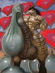 3:4 abs anthro balls big_balls black_hair condom equid equine filled_condom genitals hair hi_res hohohonse horse male male_only mammal masturbation muscular muscular_anthro muscular_male nipples pecs penis pinch sexual_barrier_device solo zebra