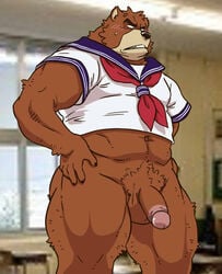 1boy anthro balls bear black_nose blush bottomless brown_fur circumcised circumcision_scar clothing crossdressing fur juuichi juuichi_mikazuki male male_only morenatsu penis solo standing tetsuo_oshiba uniform