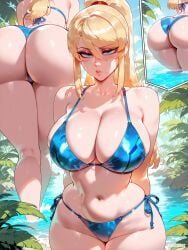 1girls abs ai_generated bikini blonde_hair blue_eyes cleavage difuxer female female_focus female_only jungle large_breasts light-skinned_female light_skin metroid nintendo samus_aran solo thick_thighs wide_hips