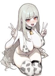 cow_bell cow_print cowprint_bikini insact large_breasts original_character pale_skin red_eyes stockings thick_thighs white_hair