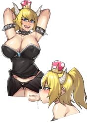 armpits arms_up bare_shoulders between_labia black_dress blonde_hair blue_eyes blush bowsette breasts cinko cleavage collar collarbone dress fellatio female genderswap heart heart-shaped_pupils horns innie_pussy large_breasts long_hair looking_at_viewer mario_(series) new_super_mario_bros._u_deluxe nintendo open_mouth oral partial_male penis ponytail profile sharp_teeth simple_background spiked_armlet spiked_collar spikes strapless strapless_dress super_crown symbol-shaped_pupils teeth thong white_background