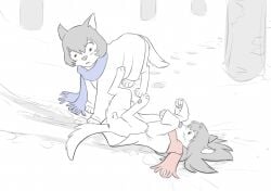 2022 ame_(wolf_children) animal_genitalia animal_pussy anus black_and_white blue_scarf blush brother_(lore) brother_and_sister_(lore) canid canine canine_genitalia canine_pussy canis clothed clothed_feral clothing digital_drawing_(artwork) digital_media_(artwork) duo embarrassed female feral genitals hi_res line_art male mammal monochrome pink_scarf pussy scarf shaded shaded_line_art sibling_(lore) simple_background sister_(lore) snow spot_color the_giant_hamster white_background wolf wolf_children yuki_(wolf_children)