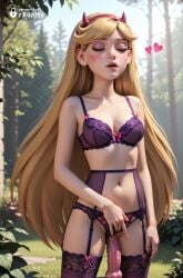 1girls ai_generated artist_name blonde_hair bra breasts cleavage closed_eyes collarbone crotchless crotchless_panties day dildo disney disney_channel disney_xd eyeshadow facial_mark fake_horns female_masturbation garter_belt hairband heart hi_res horned_headwear horns lingerie long_hair makeup masturbation medium_breasts navel object_insertion outdoors panties purple_bra pussy pussy_juice r34arts sex_toy solo standing star_butterfly star_vs_the_forces_of_evil thighhighs tree underwear web_address