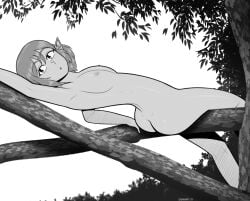 ass breasts monochrome nude nudism princess_zelda the_legend_of_zelda tree walkingdeadmann zelda_(breath_of_the_wild)